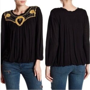 Free People Begonia Embroidered Long Sleeve Top Black Size Medium